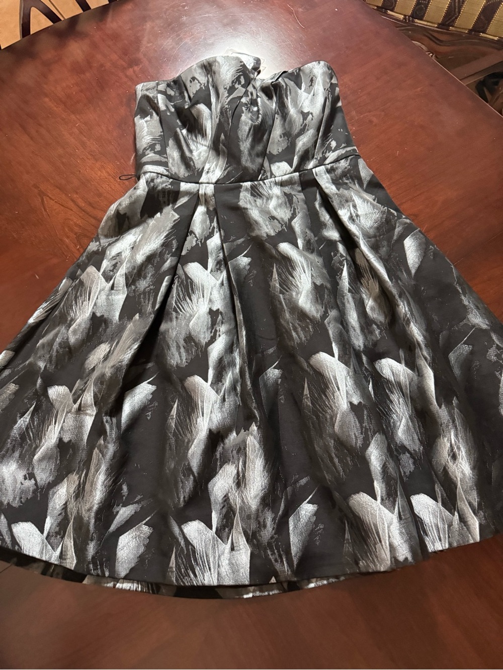 White House Black Market Black and Silver Strapless Pleated Cocktail Dress